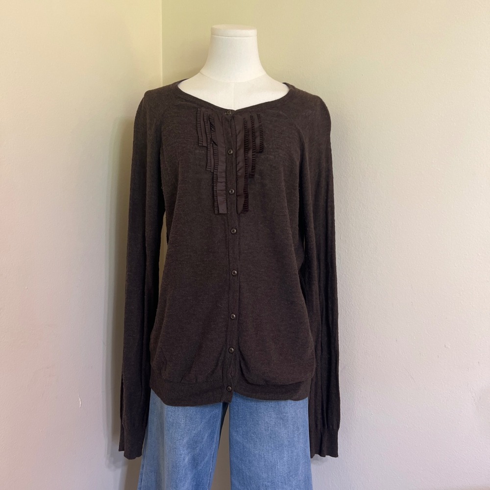 Eddie Bauer Womens XL Brown 100% Cotton Ruffle Trim Button Front Cardigan